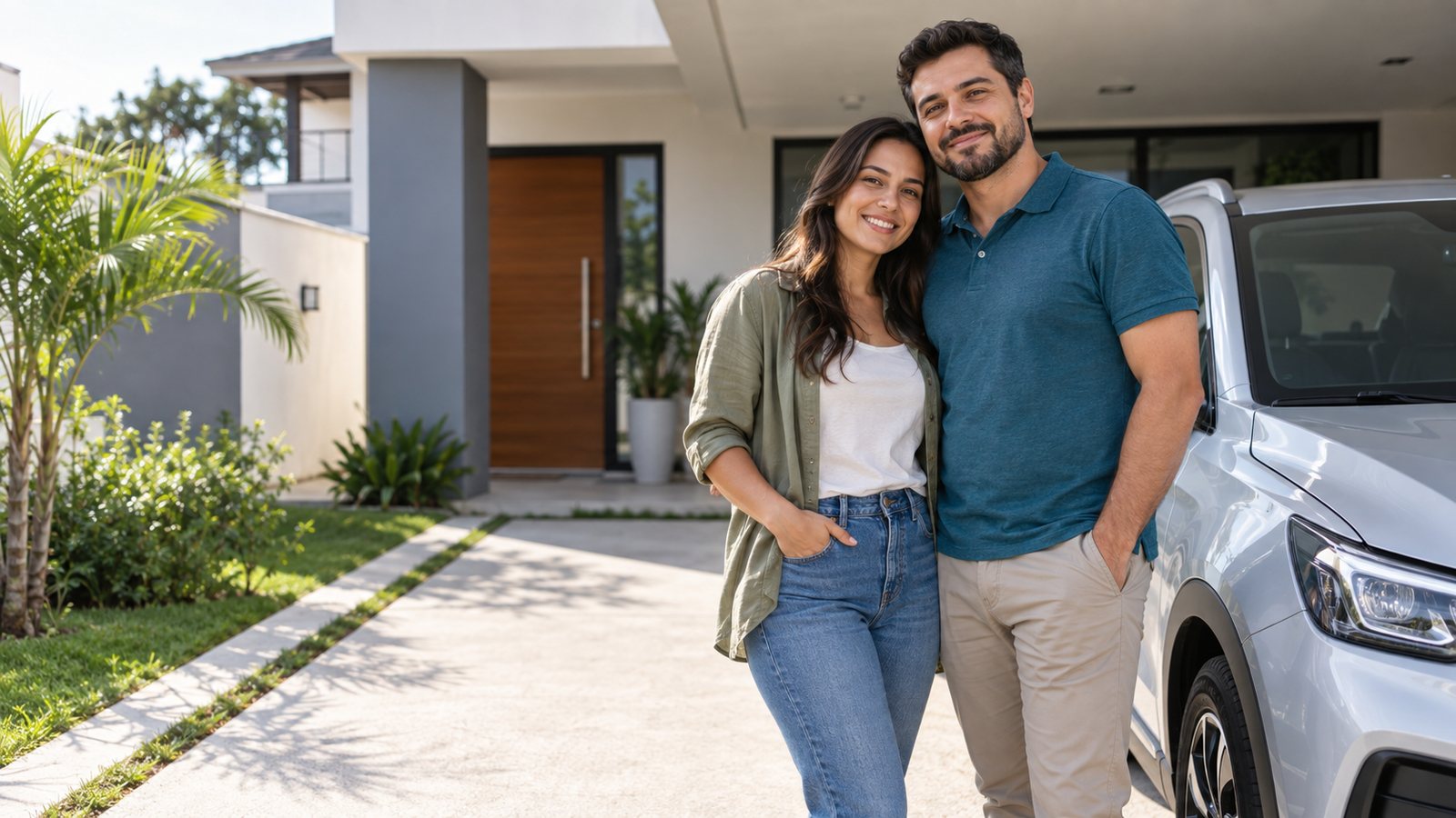 Casal protegido ao lado de sua casa e veículo